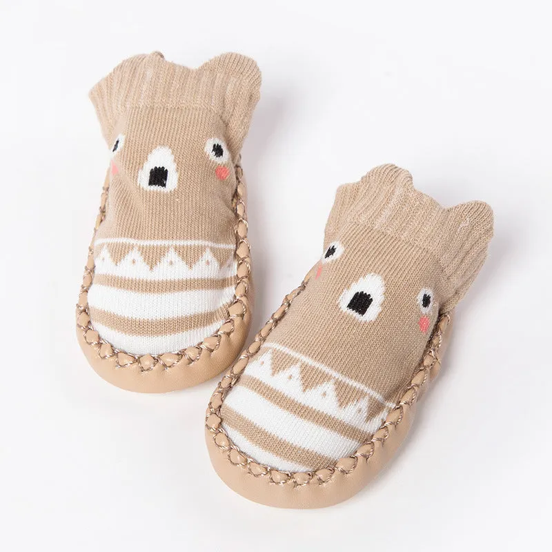 Set of cartoon baby non-slip floor socks in combed cotton with colour options including pink, blue, and grey