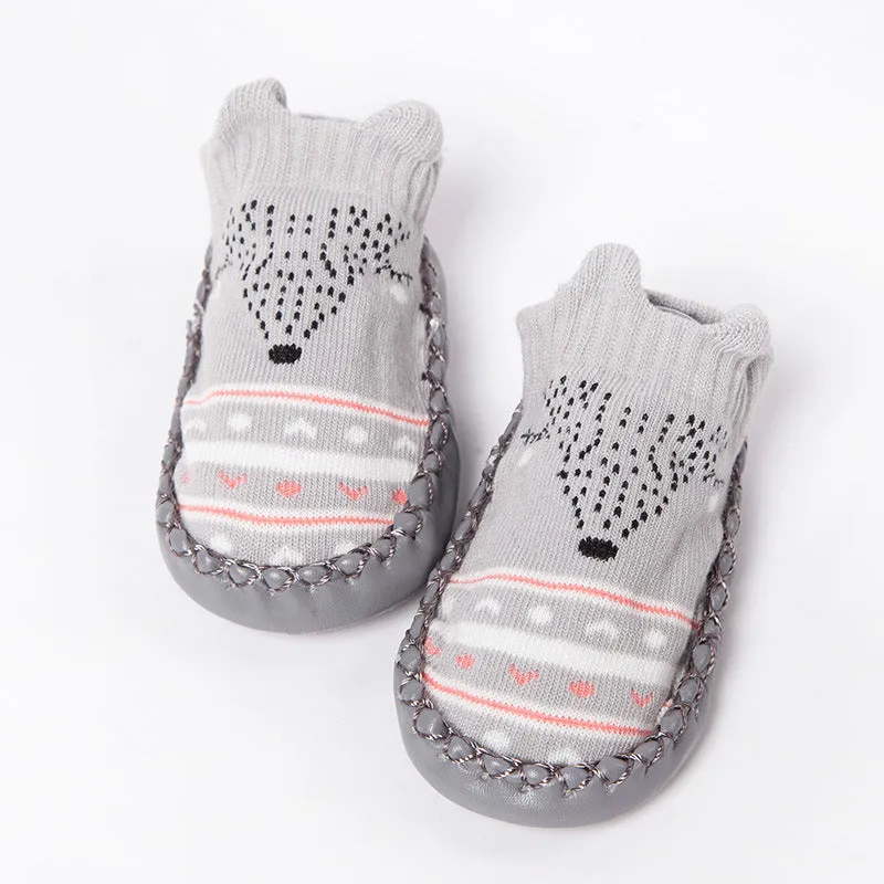 Set of cartoon baby non-slip floor socks in combed cotton with colour options including pink, blue, and grey