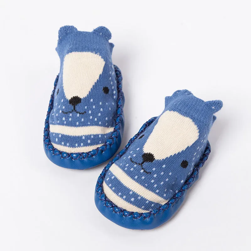 Set of cartoon baby non-slip floor socks in combed cotton with colour options including pink, blue, and grey