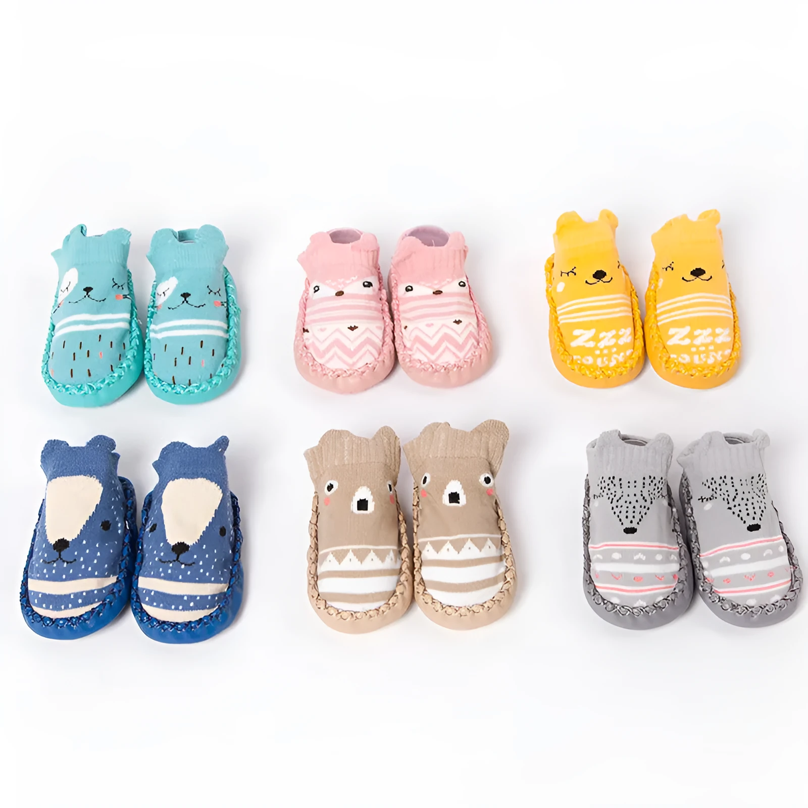 Set of cartoon baby non-slip floor socks in combed cotton with colour options including pink, blue, and grey