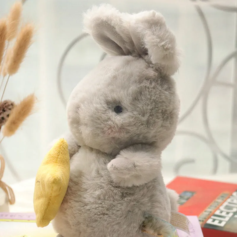 Grey fluffy bunny plush toy with long fur, star and carrot design, 23cm, soft stuffed rabbit