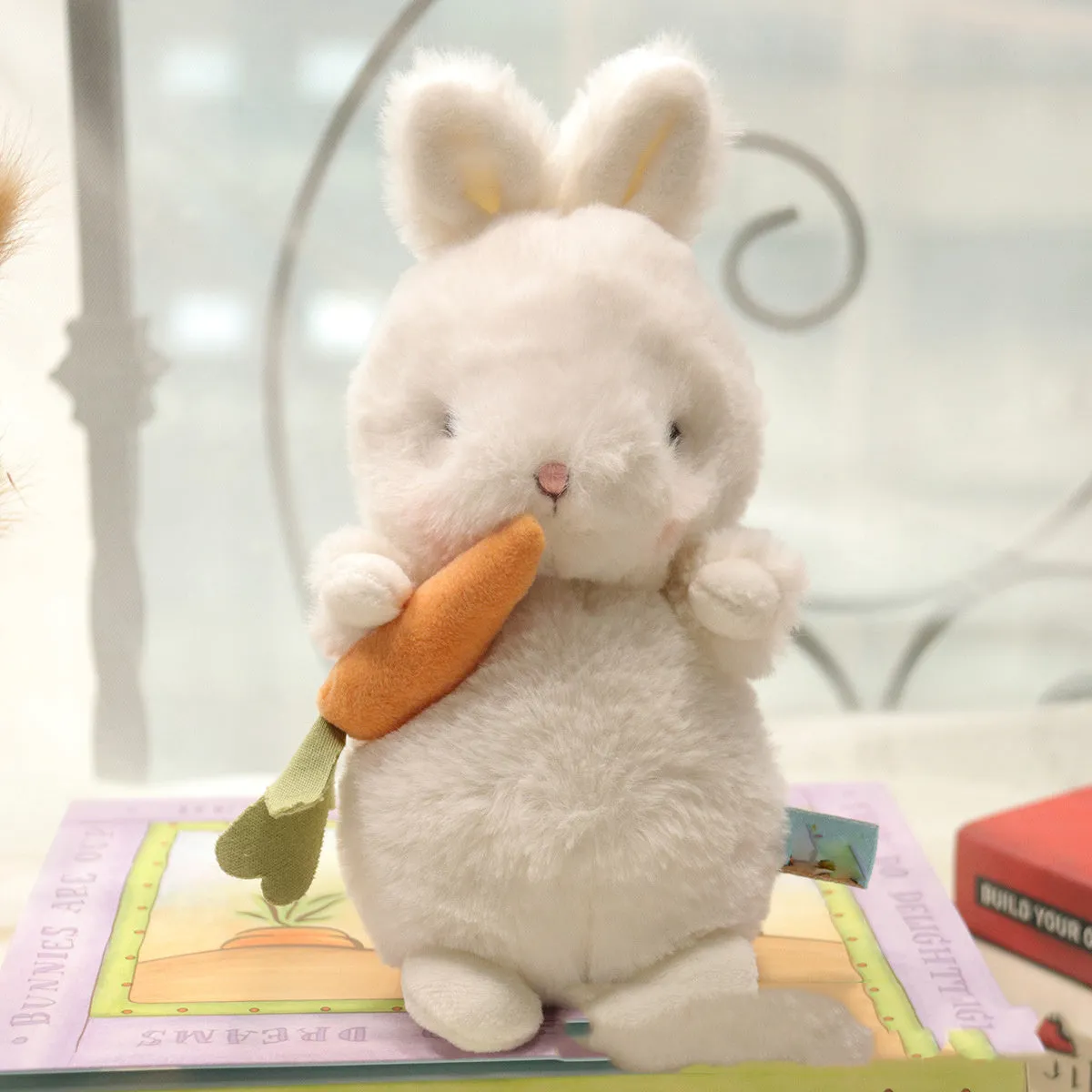 Grey fluffy bunny plush toy with long fur, star and carrot design, 23cm, soft stuffed rabbit
