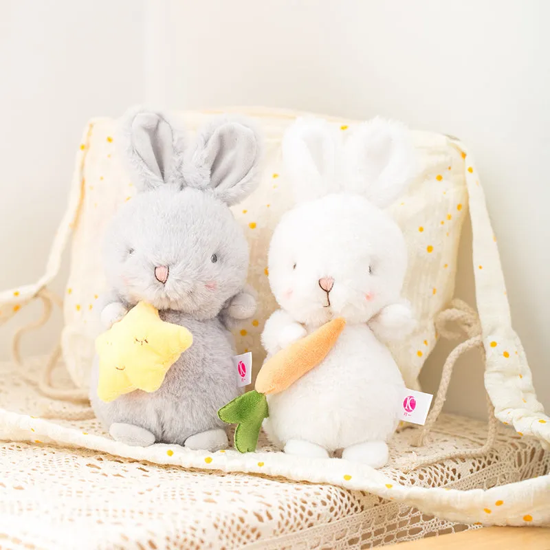 Grey fluffy bunny plush toy with long fur, star and carrot design, 23cm, soft stuffed rabbit