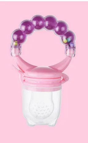 Baby fruit feeder with silicone mesh bag in blue and green colours on white background
