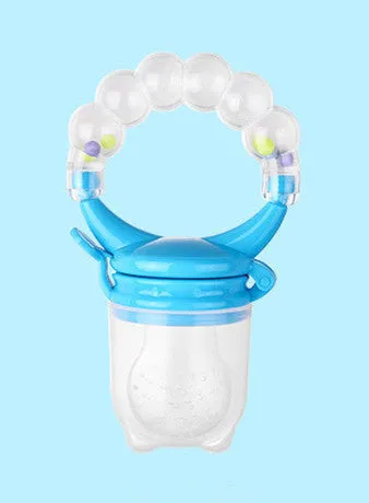 Baby fruit feeder with silicone mesh bag in blue and green colours on white background