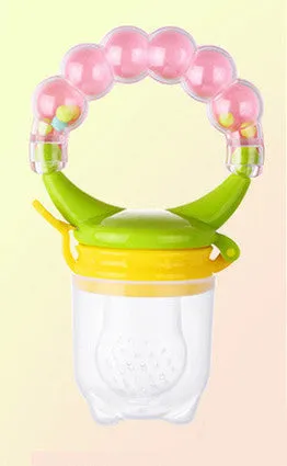 Baby fruit feeder with silicone mesh bag in blue and green colours on white background