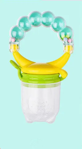 Baby fruit feeder with silicone mesh bag in blue and green colours on white background