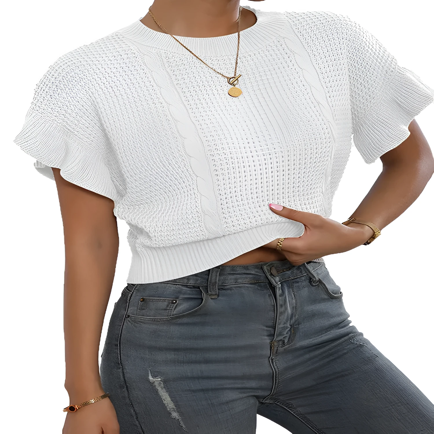 White knitted pullover sweater with twisted string ruffled short sleeves creating 3D pattern effect