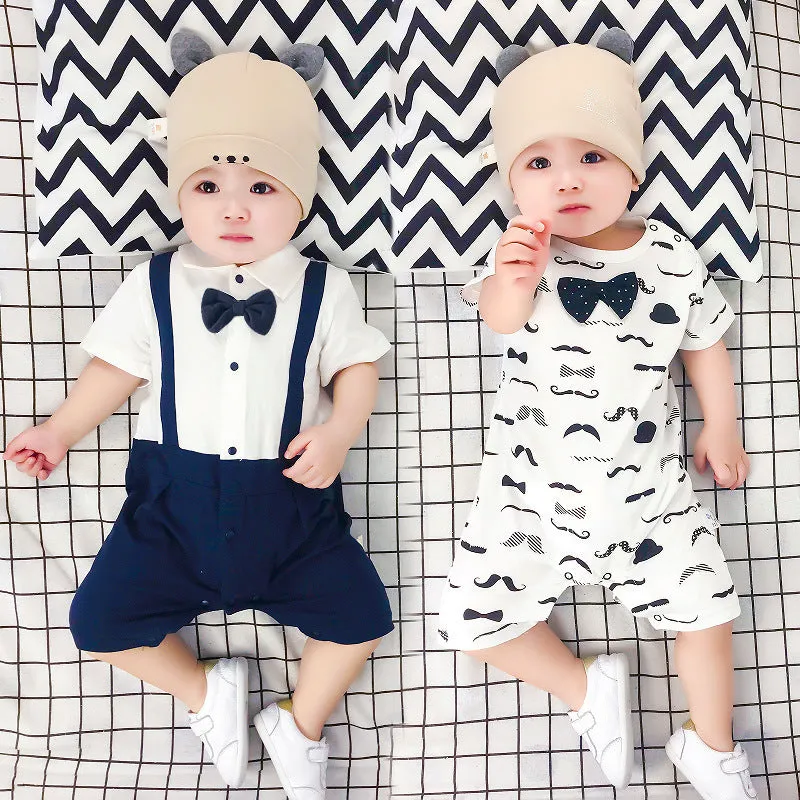 Cotton baby bow gentleman climbing suit with buckle closure short sleeves in thin style