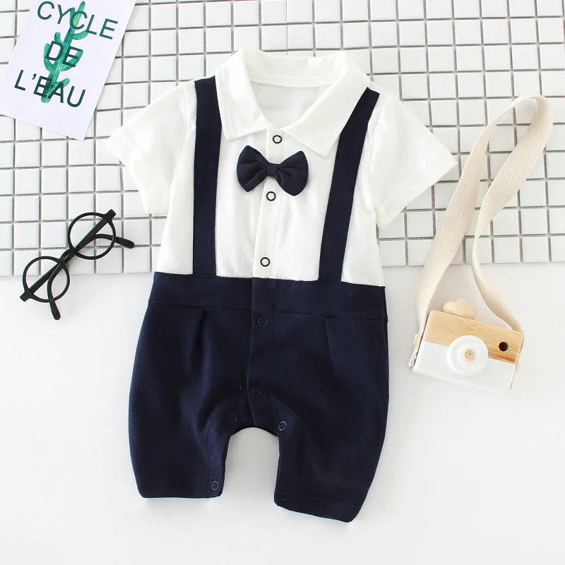 Cotton baby bow gentleman climbing suit with buckle closure short sleeves in thin style