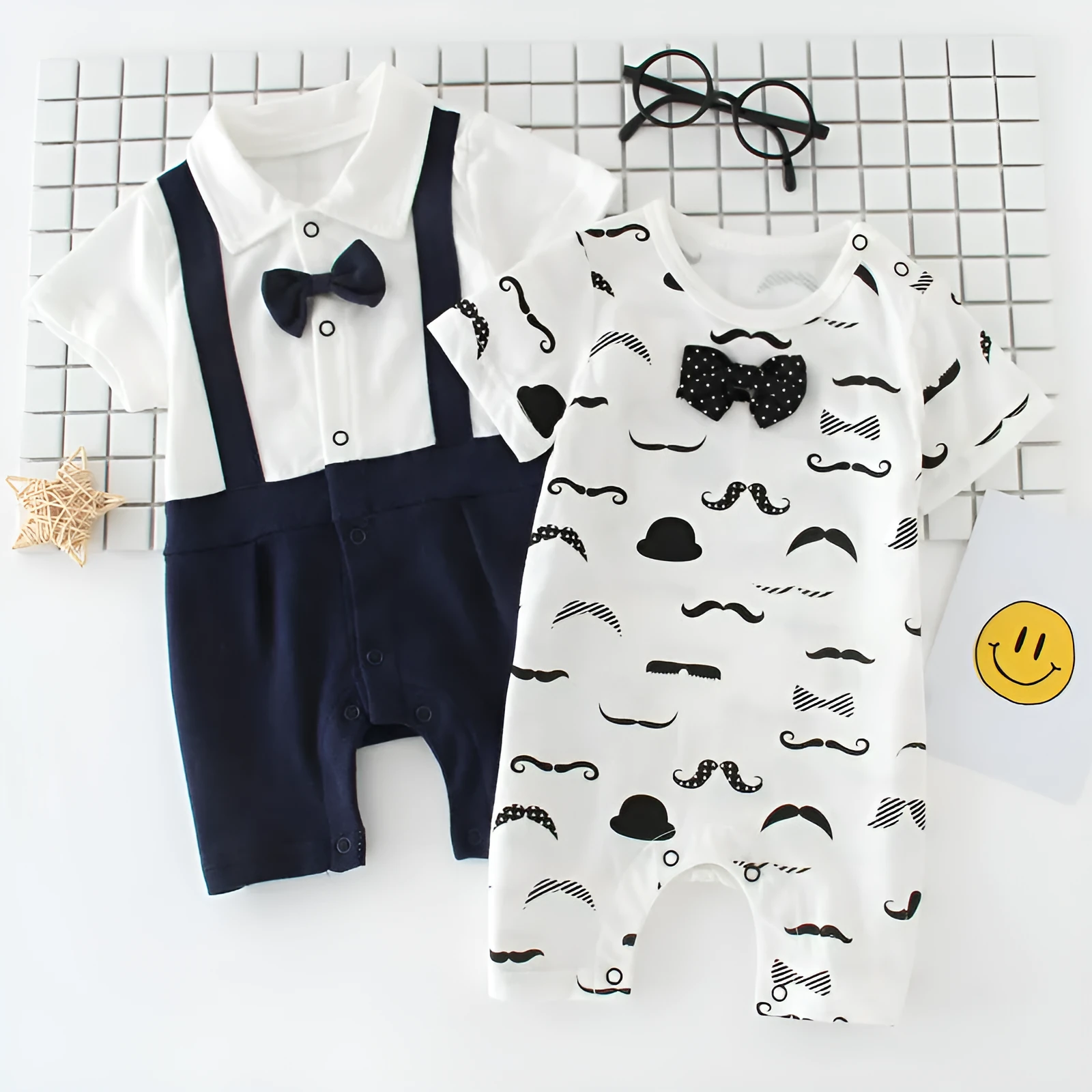 Cotton baby bow gentleman climbing suit with buckle closure short sleeves in thin style