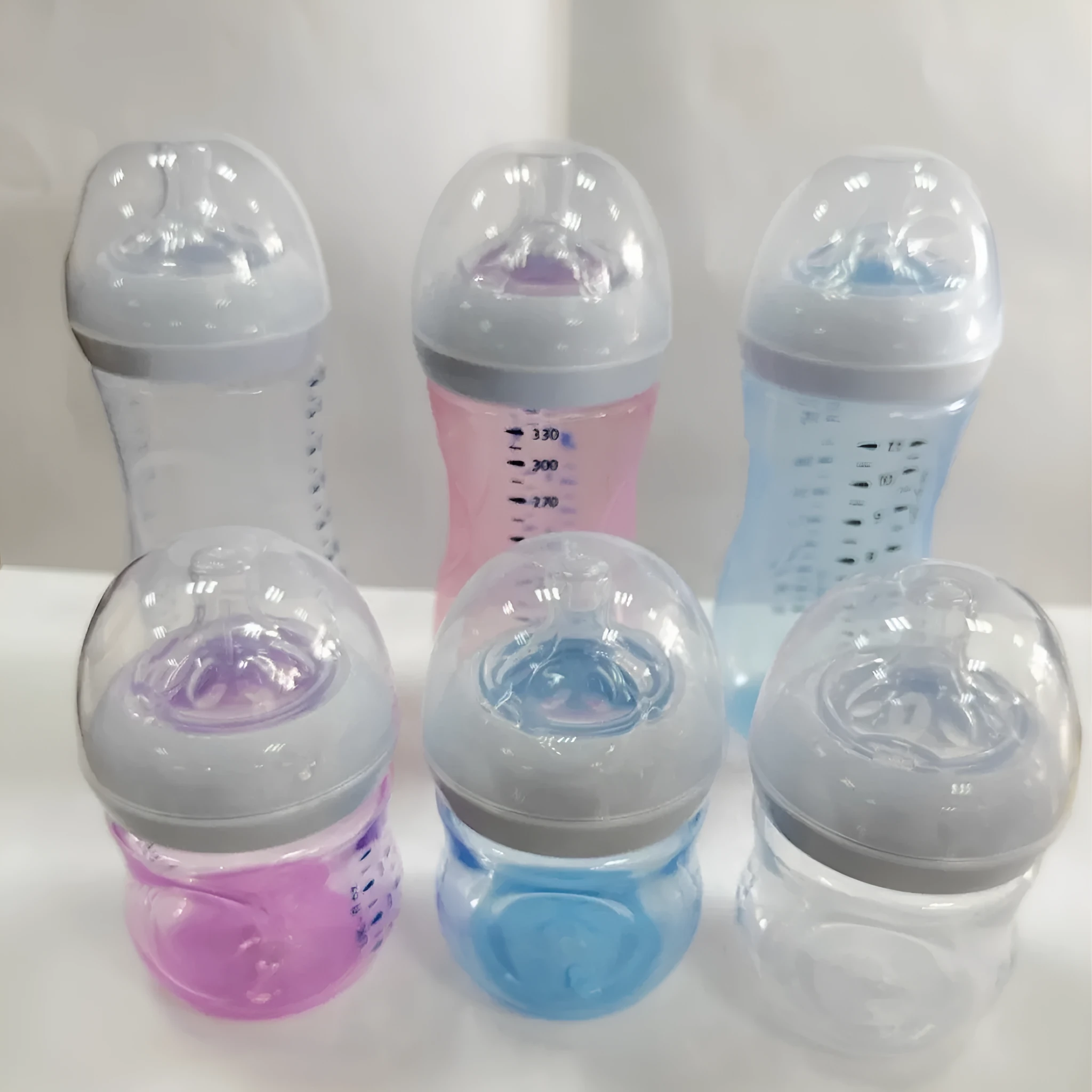 Baby petal nipple feeding bottle 125ml and 330ml, transparent pink purple light blue, no handle