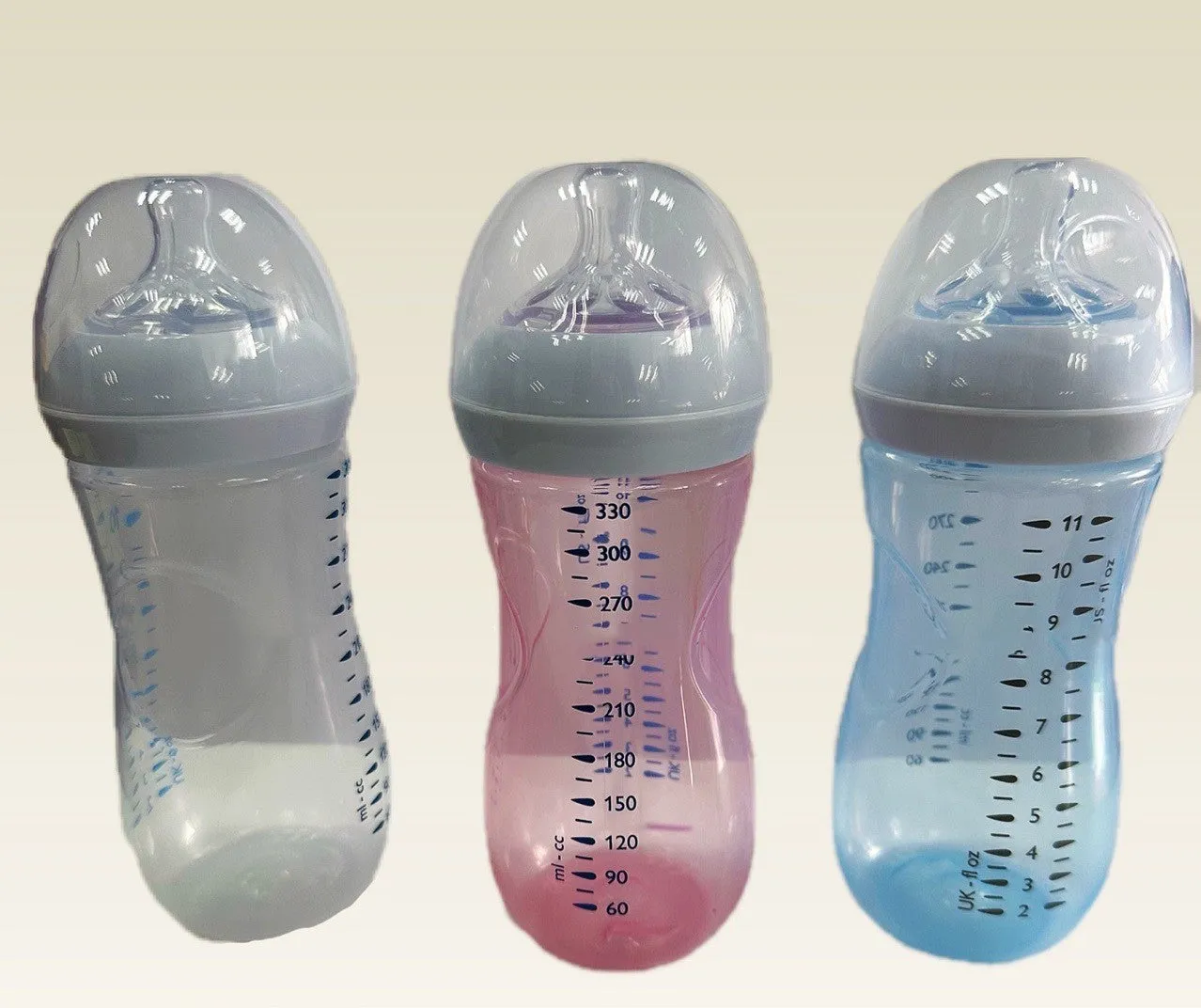 Baby petal nipple feeding bottle 125ml and 330ml, transparent pink purple light blue, no handle
