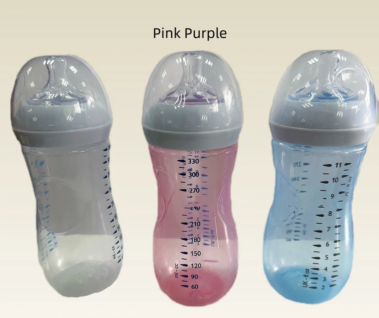 Baby petal nipple feeding bottle 125ml and 330ml, transparent pink purple light blue, no handle