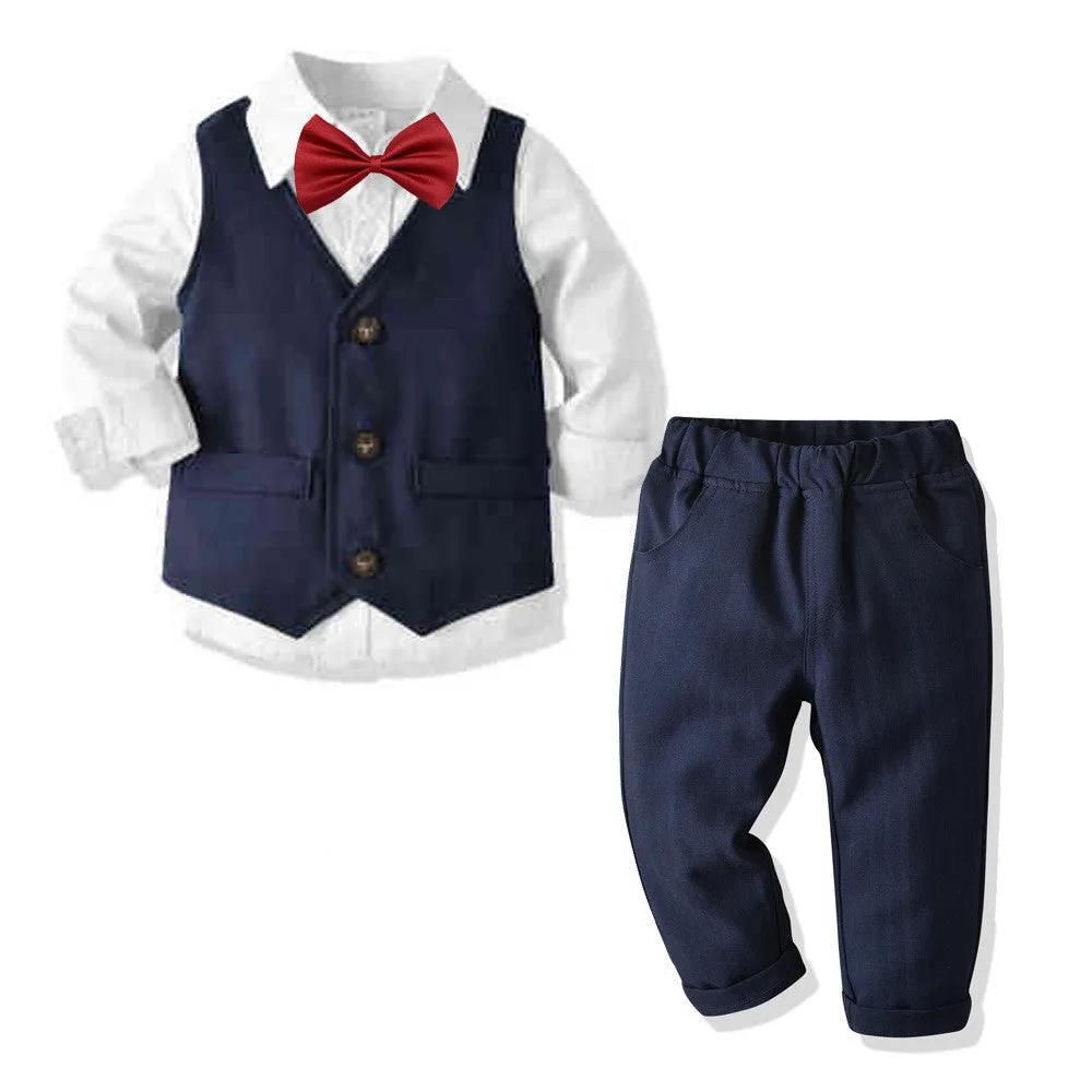Boys cotton dress suit two-piece set in blue with shirt and trousers, 100% cotton, soft fabric, sizes 90-140cm