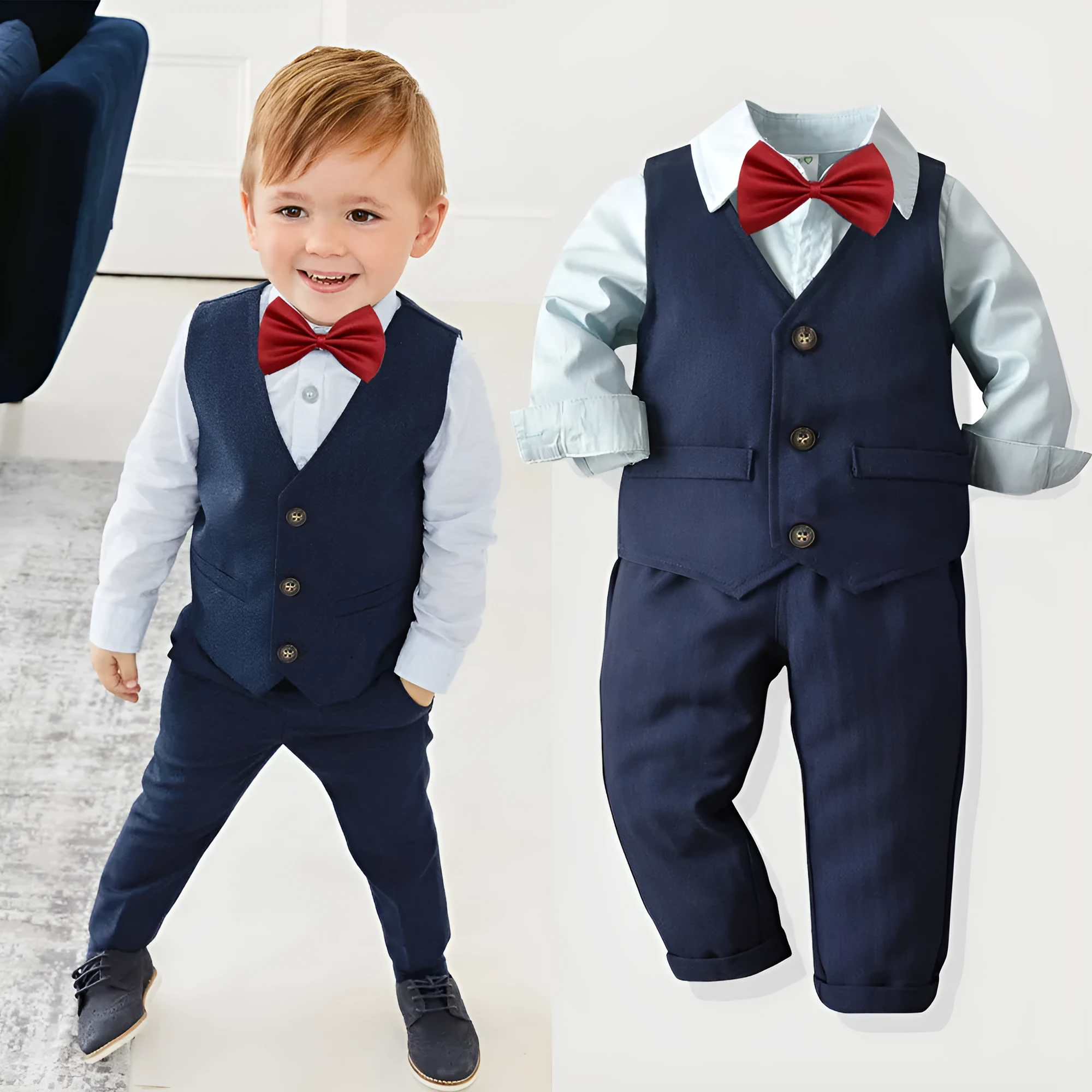 Boys cotton dress suit two-piece set in blue with shirt and trousers, 100% cotton, soft fabric, sizes 90-140cm