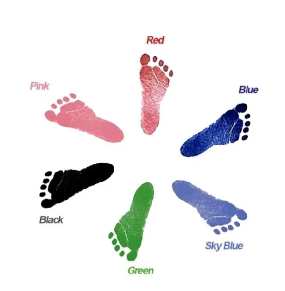 Baby hand and footprint ink pad set with non-toxic washable ink in black red and blue colours on white background