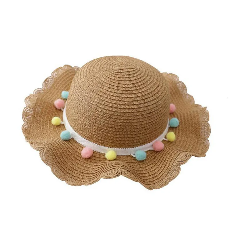 Children's straw hat and bag set in solid colour, large brim, dome top with cartoon pattern and hairy ball detail
