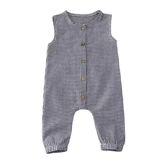 Black baby romper with lid buckle closure and sleeveless cotton design for newborns