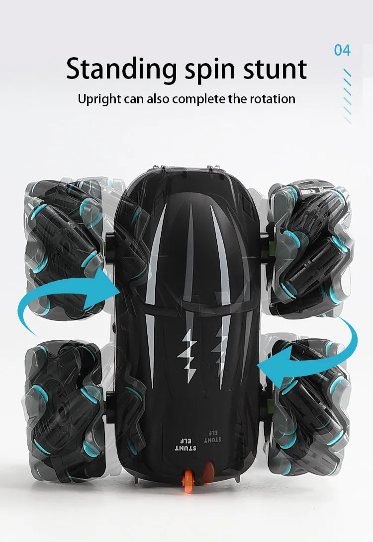 Black wireless remote control stunt car with Mecanum wheels, 360-degree rotation feature, and 4WD design on a surface