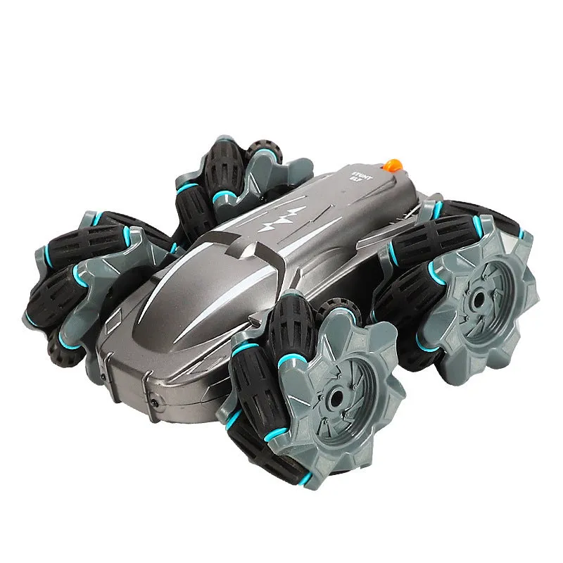 Black wireless remote control stunt car with Mecanum wheels, 360-degree rotation feature, and 4WD design on a surface