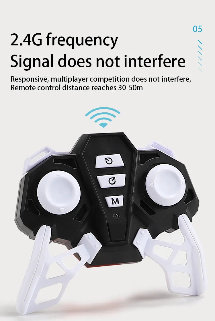 Black wireless remote control stunt car with Mecanum wheels, 360-degree rotation feature, and 4WD design on a surface