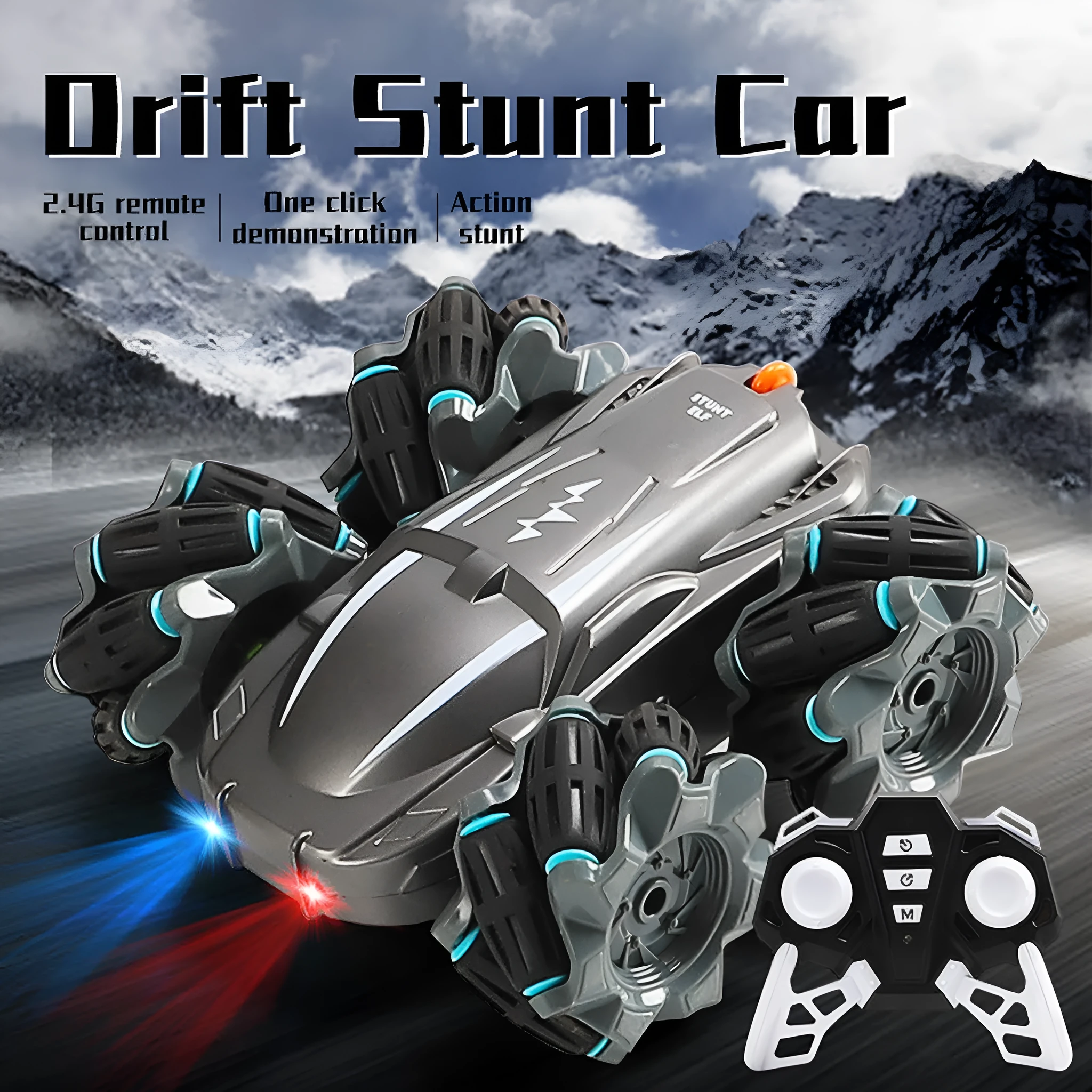 Black wireless remote control stunt car with Mecanum wheels, 360-degree rotation feature, and 4WD design on a surface