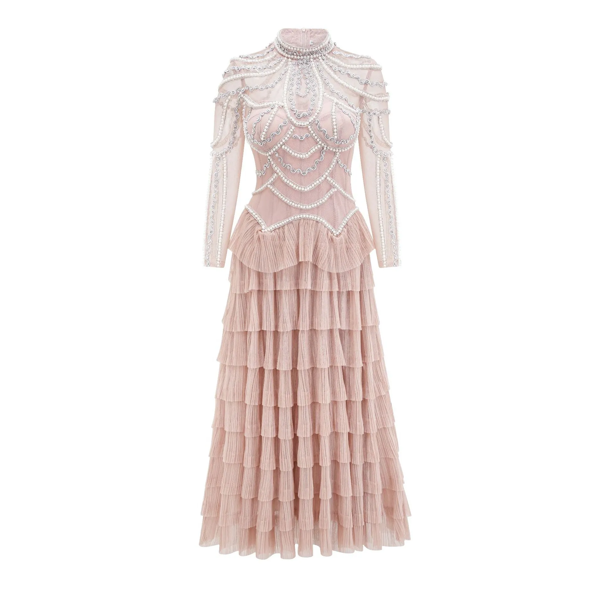 Women's black long sleeve beaded dress with mid waist and full-length skirt.