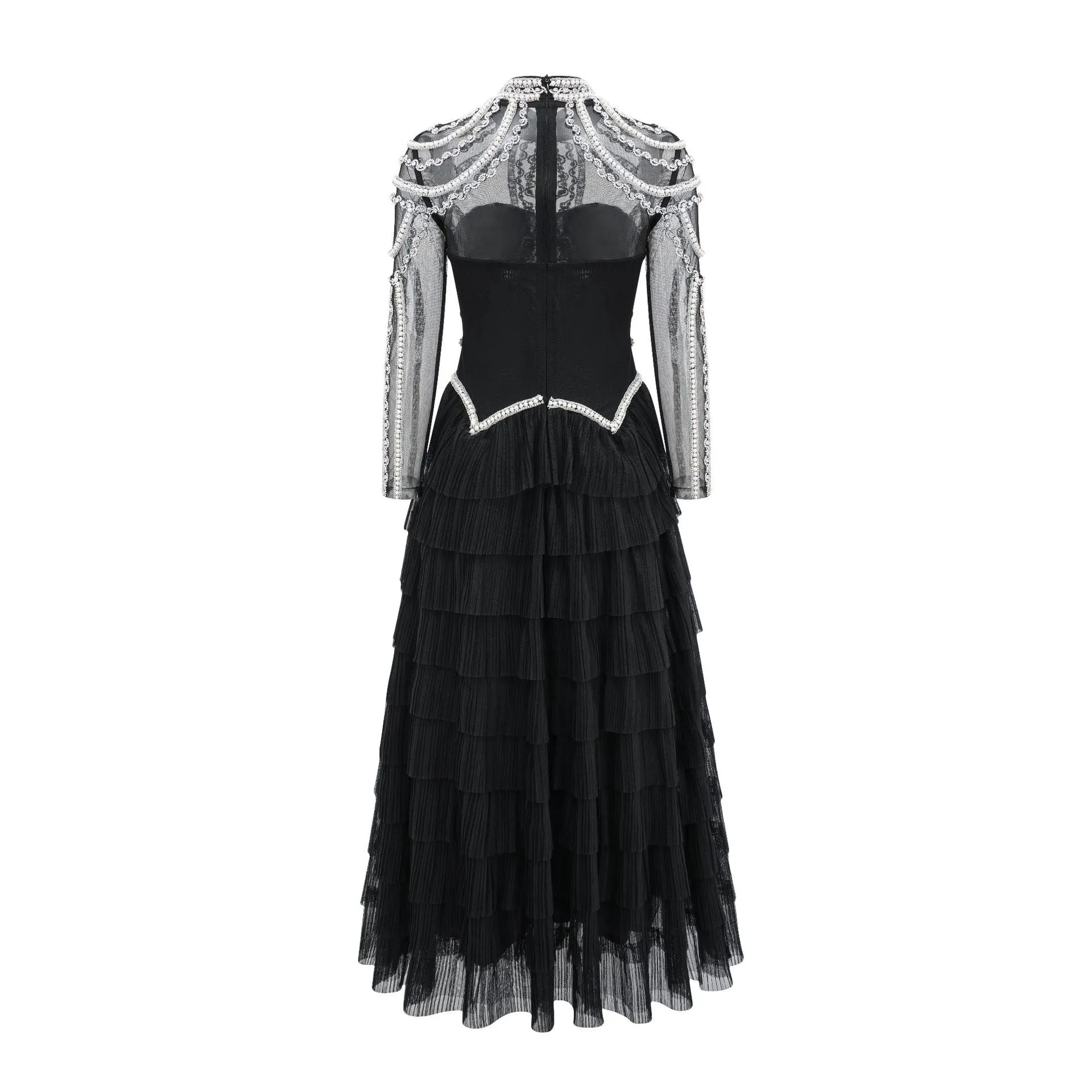 Women's black long sleeve beaded dress with mid waist and full-length skirt.