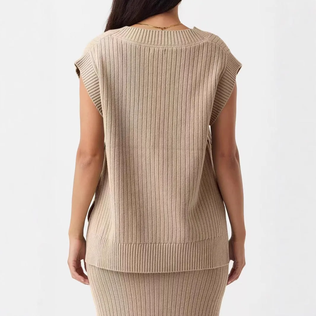 Women's camel-coloured V-neck sleeveless pullover vest with loose fit on hanger