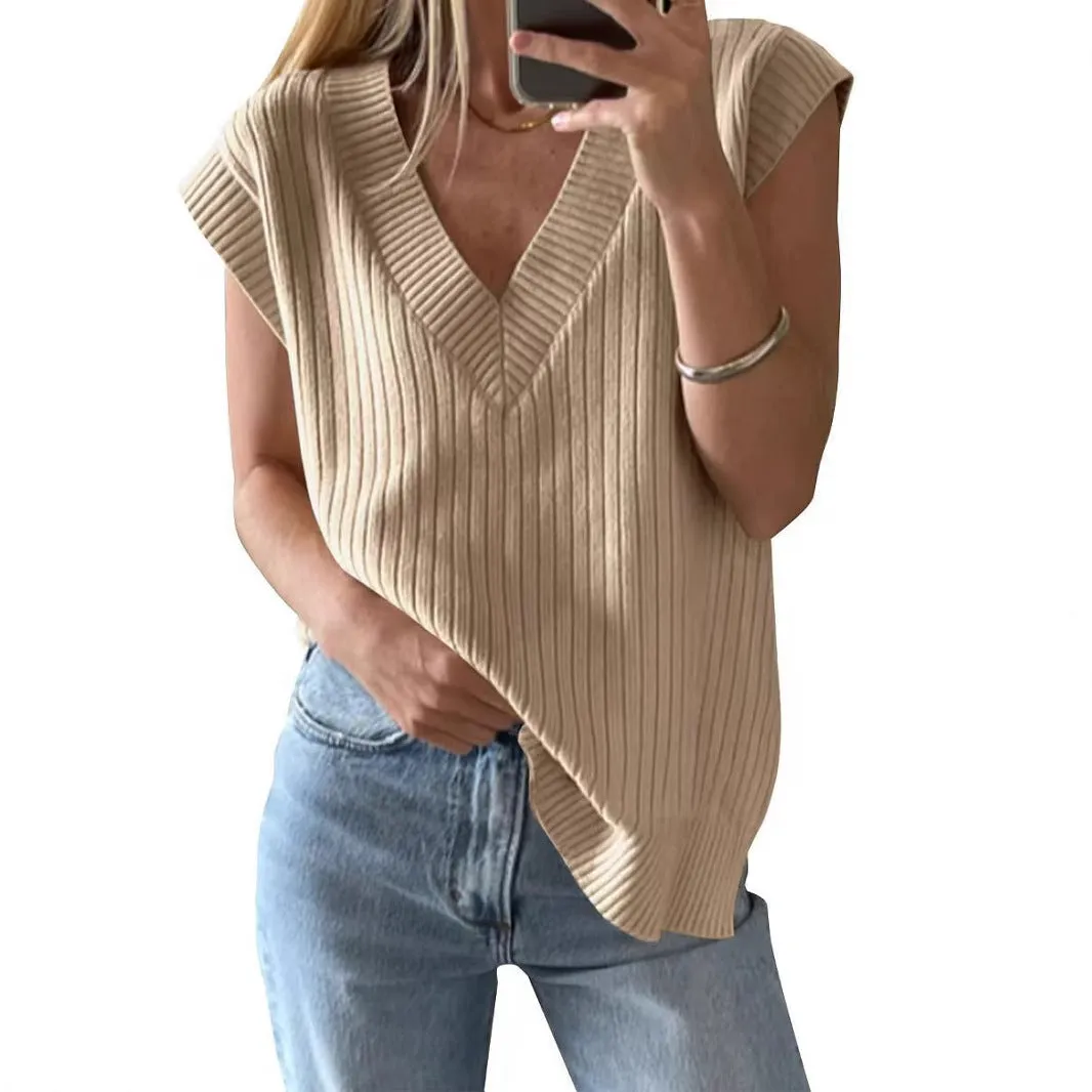 Women's camel-coloured V-neck sleeveless pullover vest with loose fit on hanger