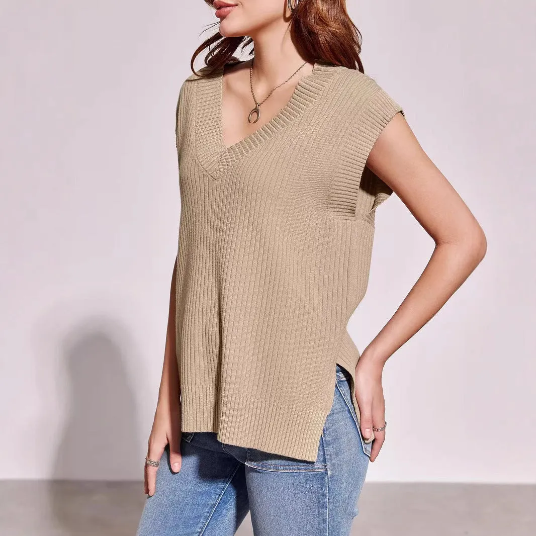Women's camel-coloured V-neck sleeveless pullover vest with loose fit on hanger