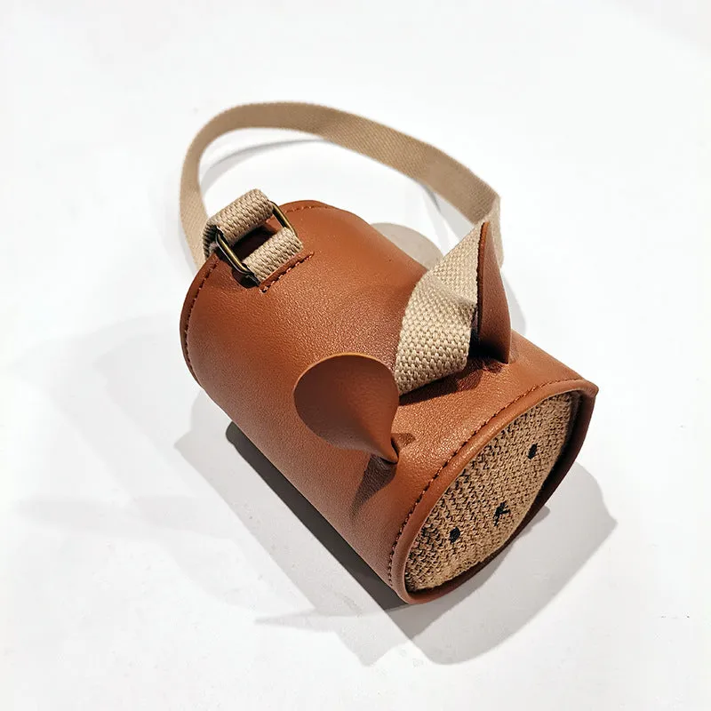 3D rabbit bucket crossbody children's waist bag in upgraded litchi pattern PU leather, 12.5cm long, 9cm diameter