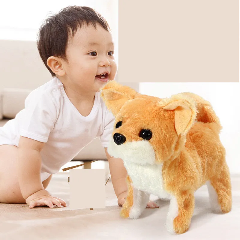 Children's electric animal plush toy robot dog walking with tail shaking in brown colour 18cm