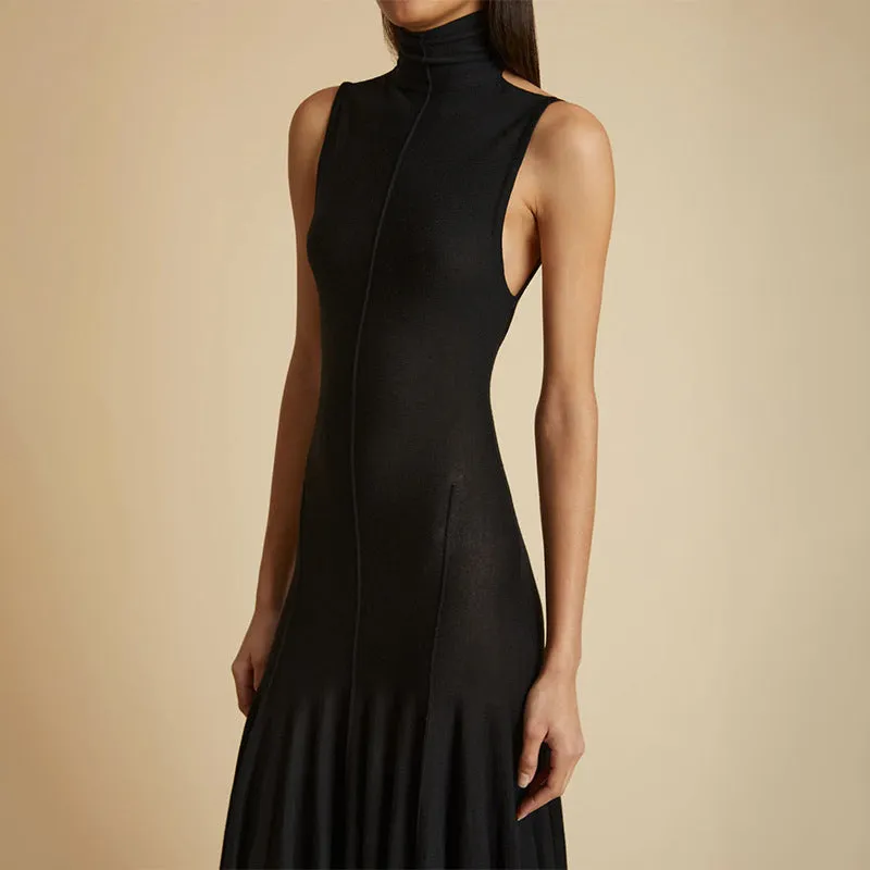 Grey women's slim-fit cotton dress with half-turtleneck and backless design