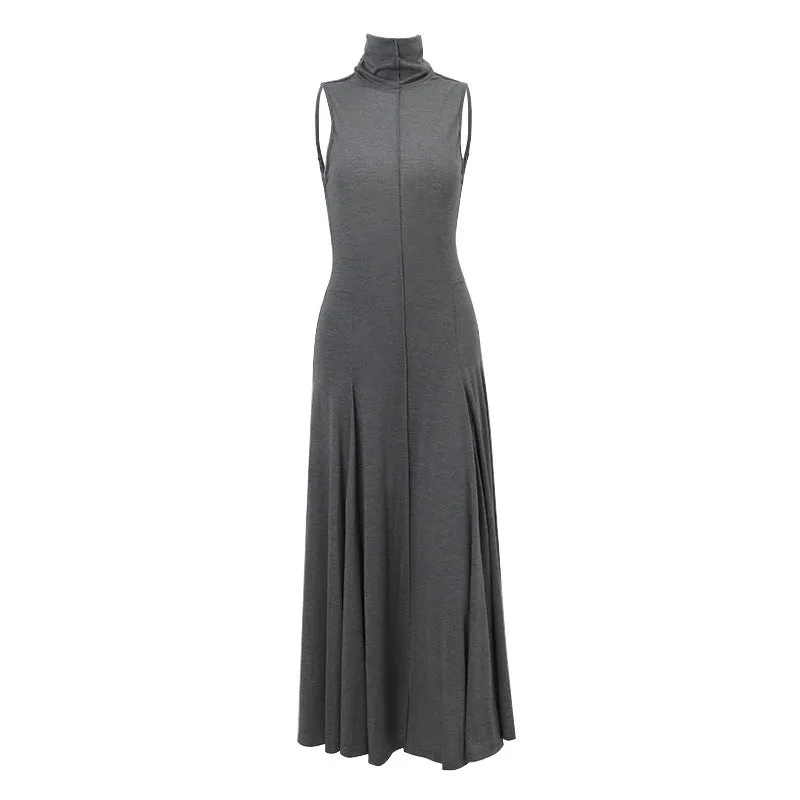 Grey women's slim-fit cotton dress with half-turtleneck and backless design