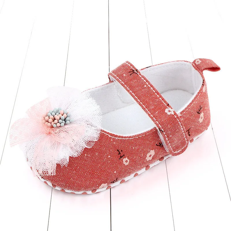 Baby princess shoes with soft sole, cotton upper, and Velcro fastening in blue fuchsia and orange colours