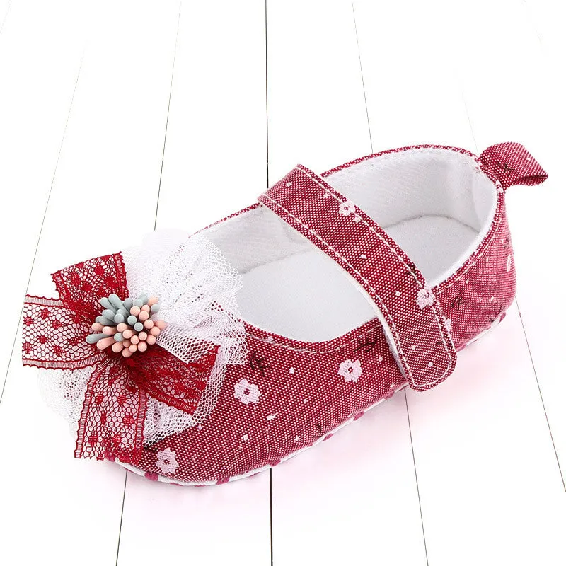 Baby princess shoes with soft sole, cotton upper, and Velcro fastening in blue fuchsia and orange colours