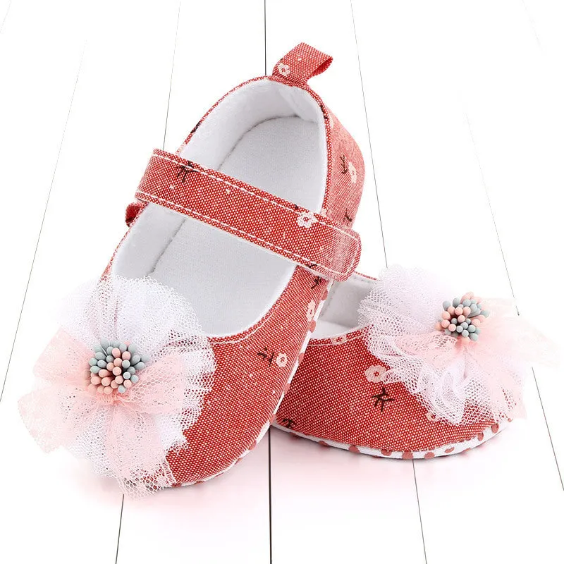 Baby princess shoes with soft sole, cotton upper, and Velcro fastening in blue fuchsia and orange colours