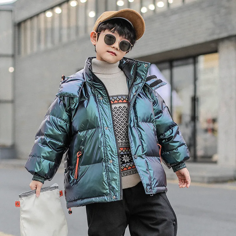 Thick winter white duck down jacket for boys, hooded Korean style, grey-green colour, front zipper closure