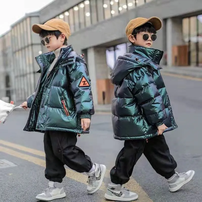 Thick winter white duck down jacket for boys, hooded Korean style, grey-green colour, front zipper closure