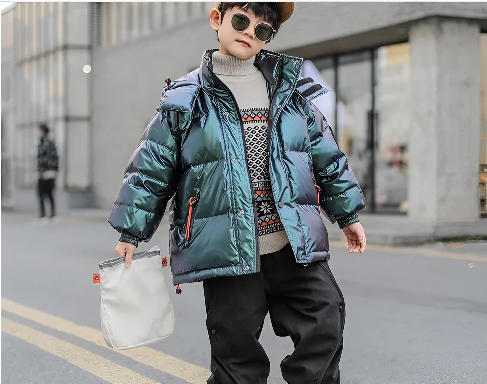 Thick winter white duck down jacket for boys, hooded Korean style, grey-green colour, front zipper closure