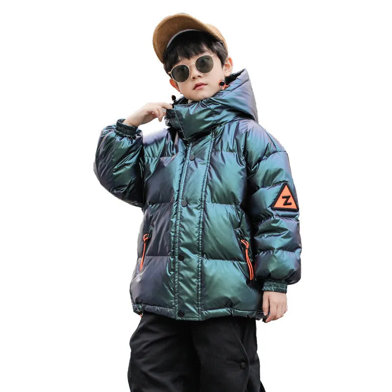 Thick winter white duck down jacket for boys, hooded Korean style, grey-green colour, front zipper closure
