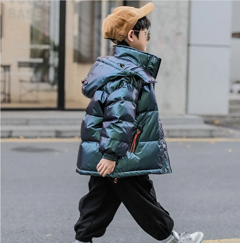 Thick winter white duck down jacket for boys, hooded Korean style, grey-green colour, front zipper closure