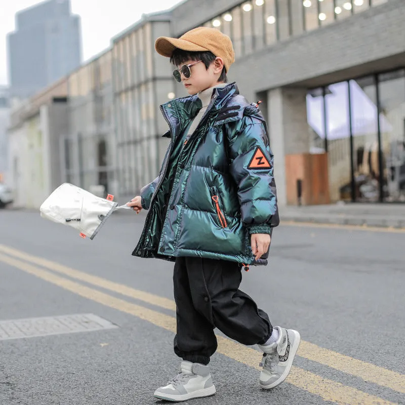 Thick winter white duck down jacket for boys, hooded Korean style, grey-green colour, front zipper closure