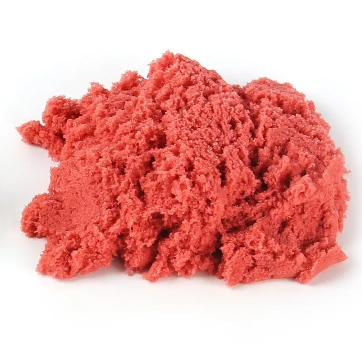Kinetic space sand in multiple colours including blue, green, orange, pink, purple, red, rose, and sand colour in plastic bag packaging