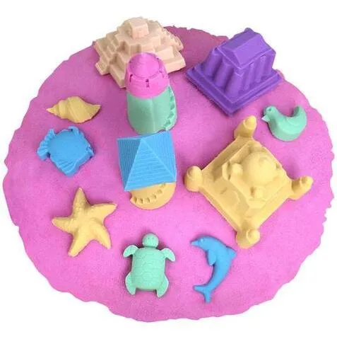 Kinetic space sand in multiple colours including blue, green, orange, pink, purple, red, rose, and sand colour in plastic bag packaging