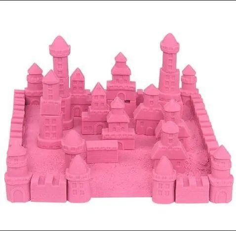 Kinetic space sand in multiple colours including blue, green, orange, pink, purple, red, rose, and sand colour in plastic bag packaging