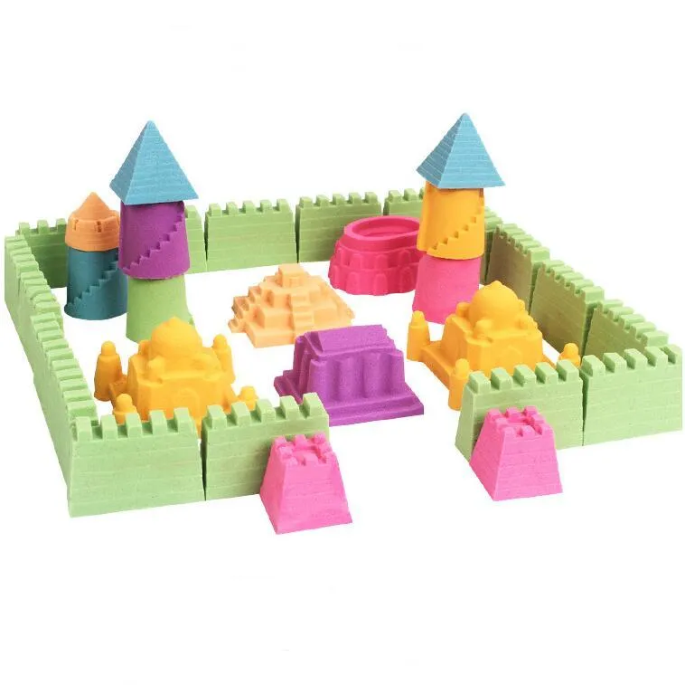 Kinetic space sand in multiple colours including blue, green, orange, pink, purple, red, rose, and sand colour in plastic bag packaging