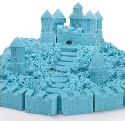 Kinetic space sand in multiple colours including blue, green, orange, pink, purple, red, rose, and sand colour in plastic bag packaging